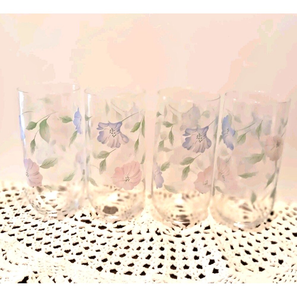 Vintage Set of 4 Floral 14 oz Drinking Glasses Blue Pink Flower Tumblers